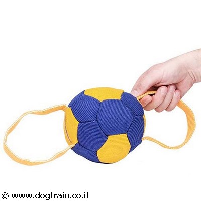 כדור בצורת כדורגל לכלבים לאימונים מבד צרפתי עם 2 ידיות